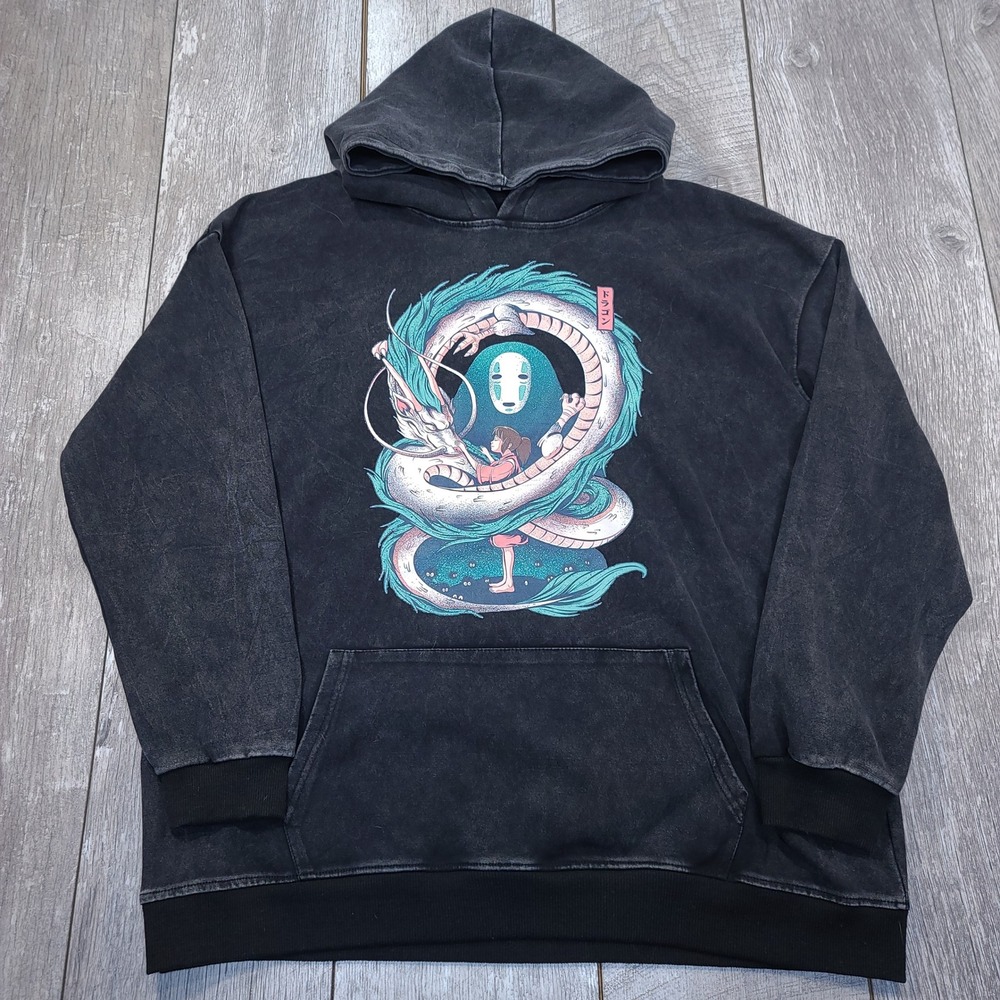 Hokuro Hoodie Mens S Black Spirited Away Anime Haku Dragon Acid Wash Streetwear
